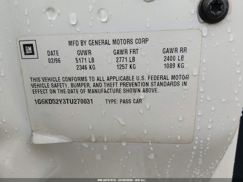 1996 Cadillac Deville VIN: 1G6KD52Y3TU270031 Lot: 44701515
