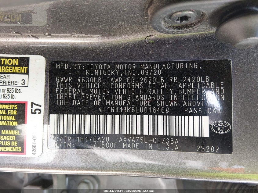 VIN 4T1G11BK6LU016468 2020 TOYOTA CAMRY SE AWD