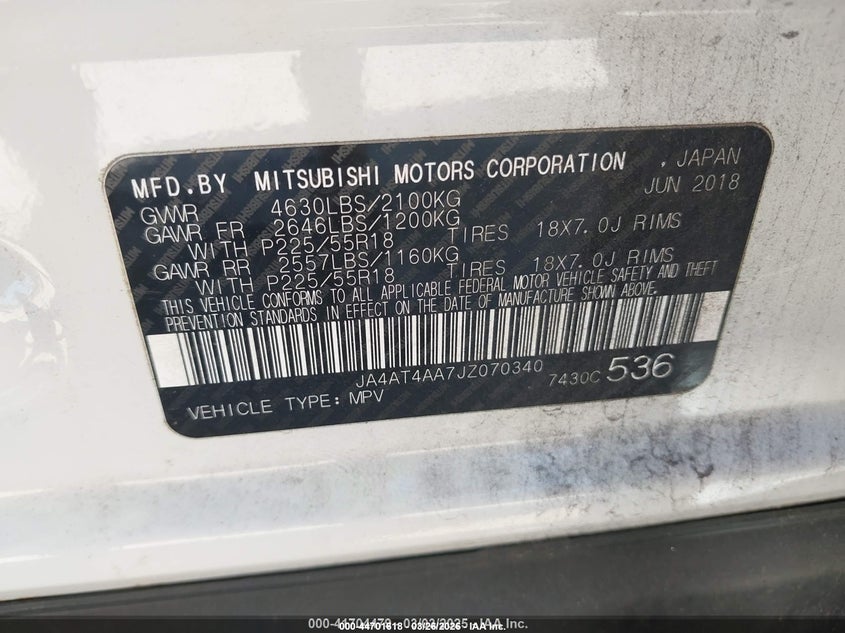 2018 Mitsubishi Eclipse Cross Le VIN: JA4AT4AA7JZ070340 Lot: 44701618