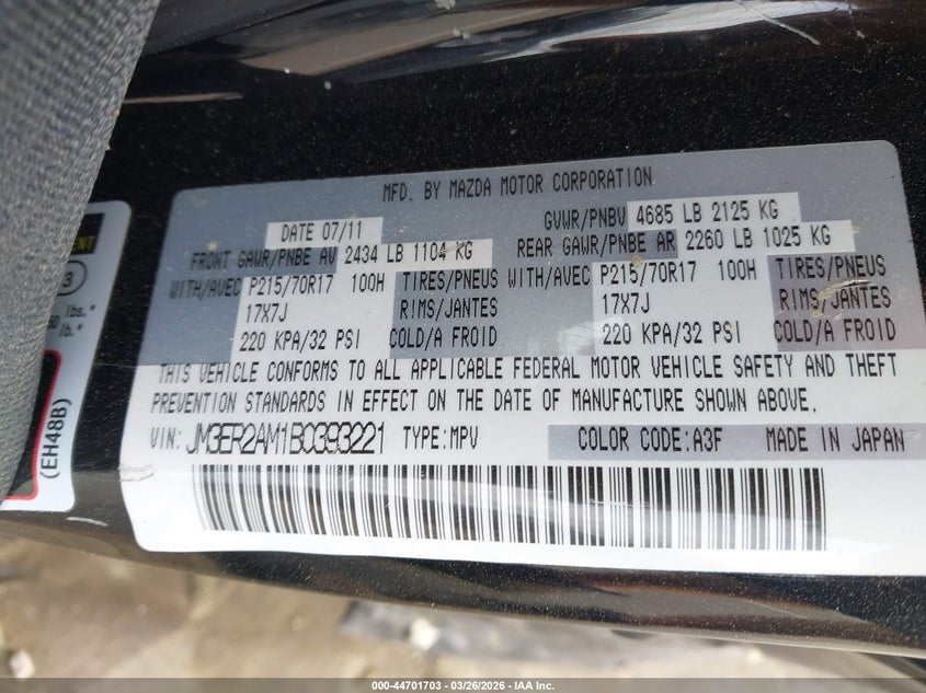 2011 Mazda Cx-7 I Sv VIN: JM3ER2AM1B0393221 Lot: 44701703