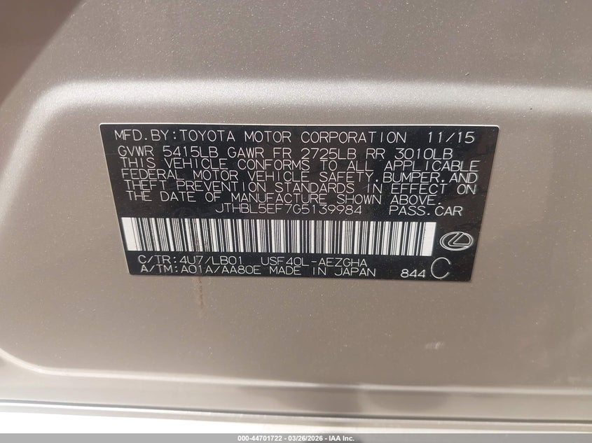 2016 Lexus Ls 460 VIN: JTHBL5EF7G5139984 Lot: 44701722