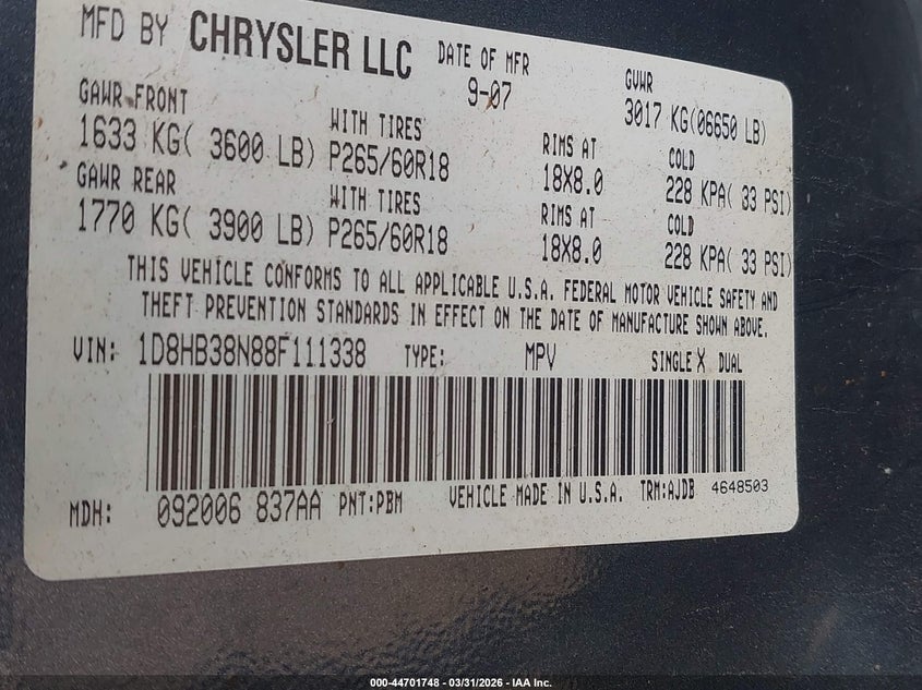 2008 Dodge Durango Sxt VIN: 1D8HB38N88F111338 Lot: 44701748