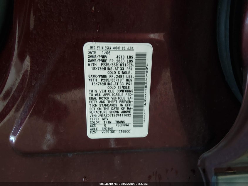 2006 Nissan Murano S VIN: JN8AZ08T26W411032 Lot: 44701766