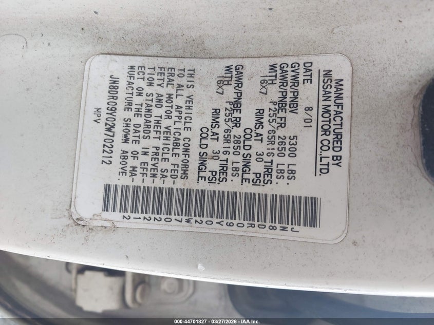 2002 Nissan Pathfinder Se VIN: JN8DR09Y02W702212 Lot: 44701827
