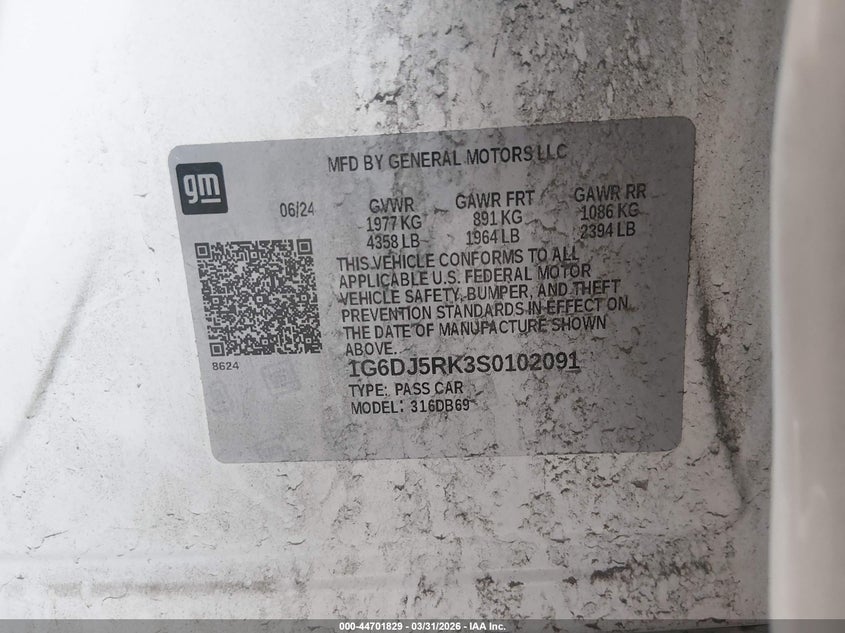 2025 Cadillac Ct4 Luxury Rwd VIN: 1G6DJ5RK3S0102091 Lot: 44701829