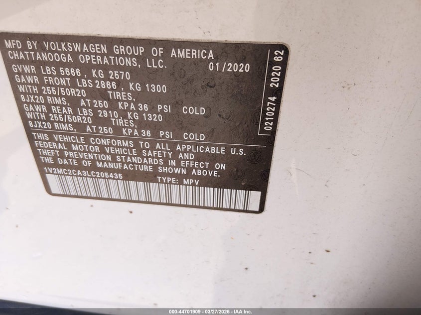 2020 Volkswagen Atlas Cross Sport 2.0T Sel/2.0T Sel Premium/2.0T Sel Premium R-Line/2.0T Sel R-Line VIN: 1V2MC2CA3LC205435 Lot: 44701909