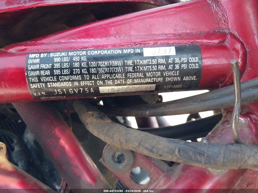 1998 Suzuki Gsf1200 S VIN: JS1GV75A9W2100440 Lot: 44702265
