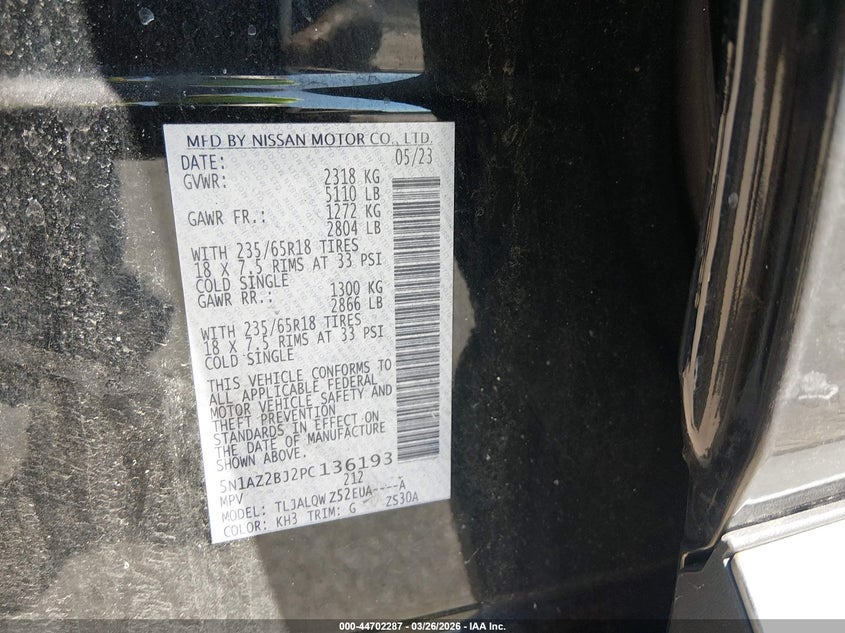 VIN 5N1AZ2BJ2PC136193 2023 NISSAN MURANO SV FWD