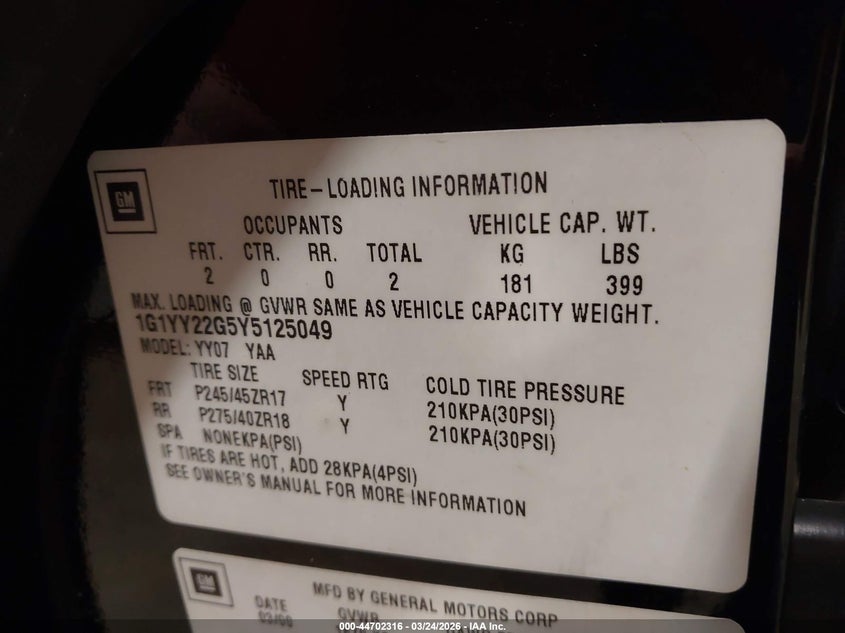 2000 Chevrolet Corvette VIN: 1G1YY22G5Y5125049 Lot: 44702316