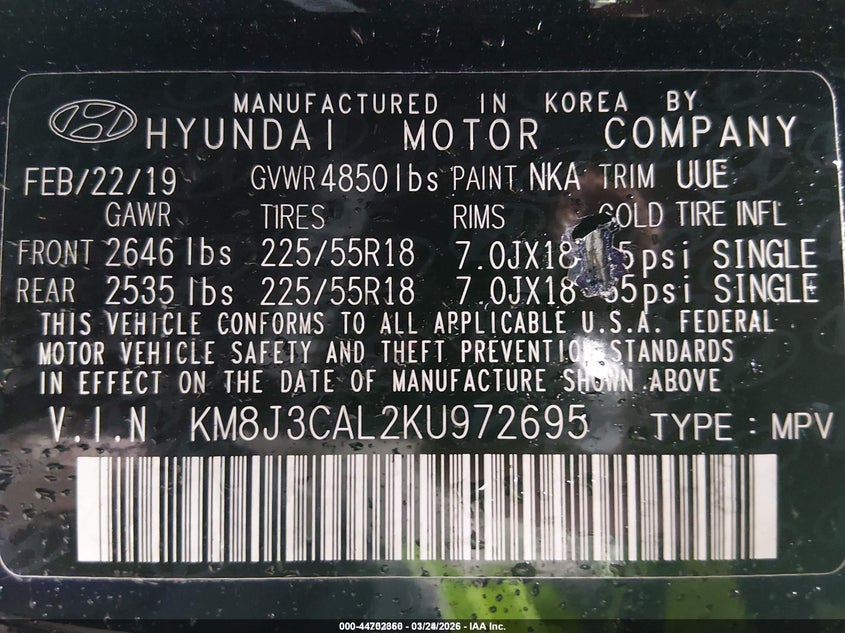 VIN KM8J3CAL2KU972695 2019 HYUNDAI TUCSON LIMITED