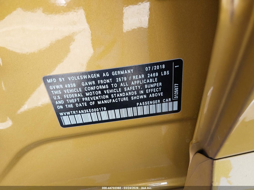 2019 Volkswagen Arteon 2.0T Sel Premium R-Line VIN: WVWTR7AN3KE000179 Lot: 44702368