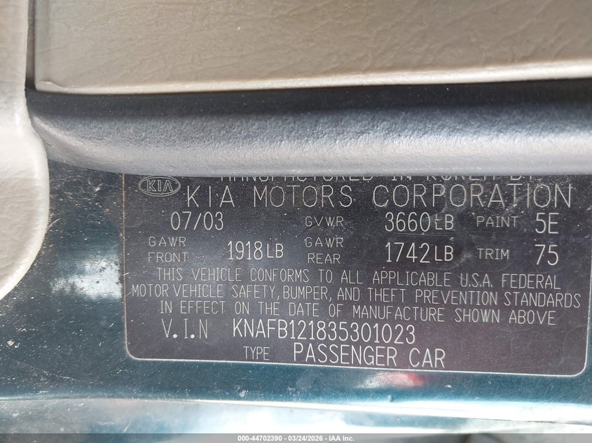 2003 Kia Spectra Ls VIN: KNAFB121835301023 Lot: 44702390