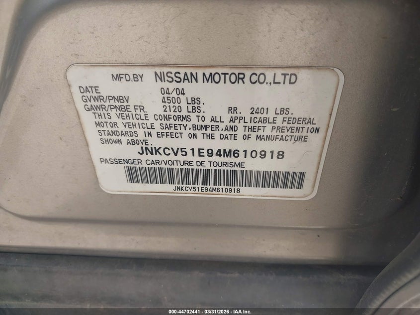 2004 Infiniti G35 VIN: JNKCV51E94M610918 Lot: 44702441