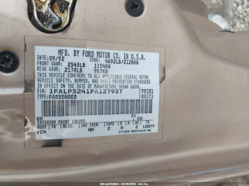 1993 Ford Taurus Gl VIN: 1FALP5241PA127934 Lot: 44702563