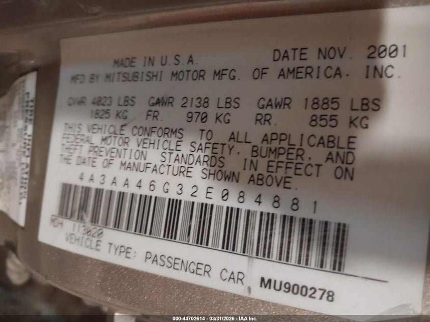 2002 Mitsubishi Galant Es/Ls VIN: 4A3AA46G32E084881 Lot: 44702614
