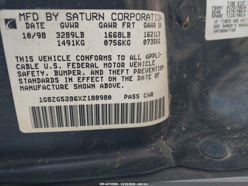 1999 Saturn Sl1 VIN: 1G8ZG5286XZ188980 Lot: 44702660
