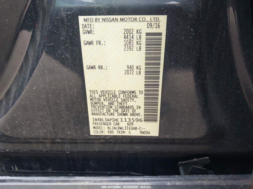 2017 Nissan Altima 3.5 Sl/3.5 Sr VIN: 1N4BL3AP1HC113596 Lot: 44702694