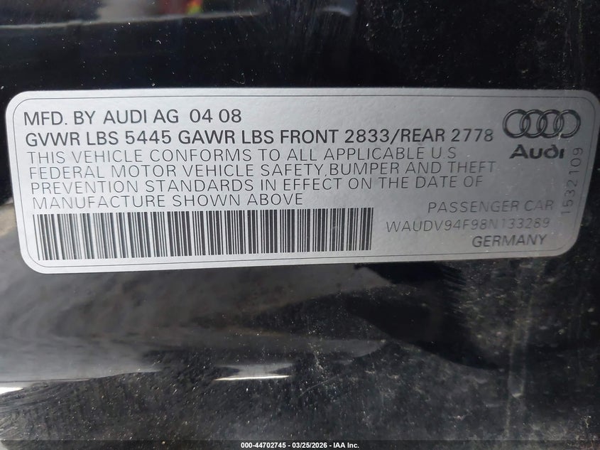 2008 Audi A6 4.2 VIN: WAUDV94F98N133289 Lot: 44702745