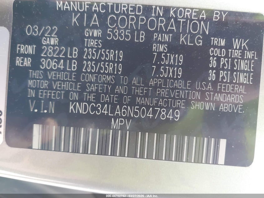 2022 Kia Ev6 Wind VIN: KNDC34LA6N5047849 Lot: 44702752