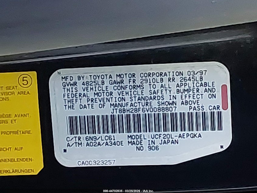1997 Lexus Ls 400 VIN: JT8BH28F6V0088807 Lot: 44702835