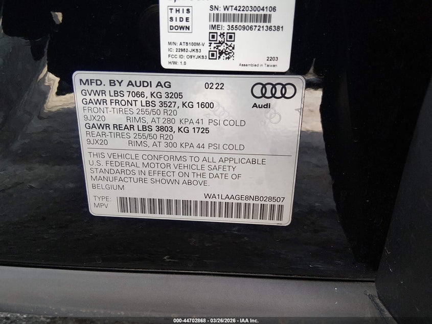 2022 Audi E-Tron Premium Plus Quattro VIN: WA1LAAGE8NB028507 Lot: 44702868
