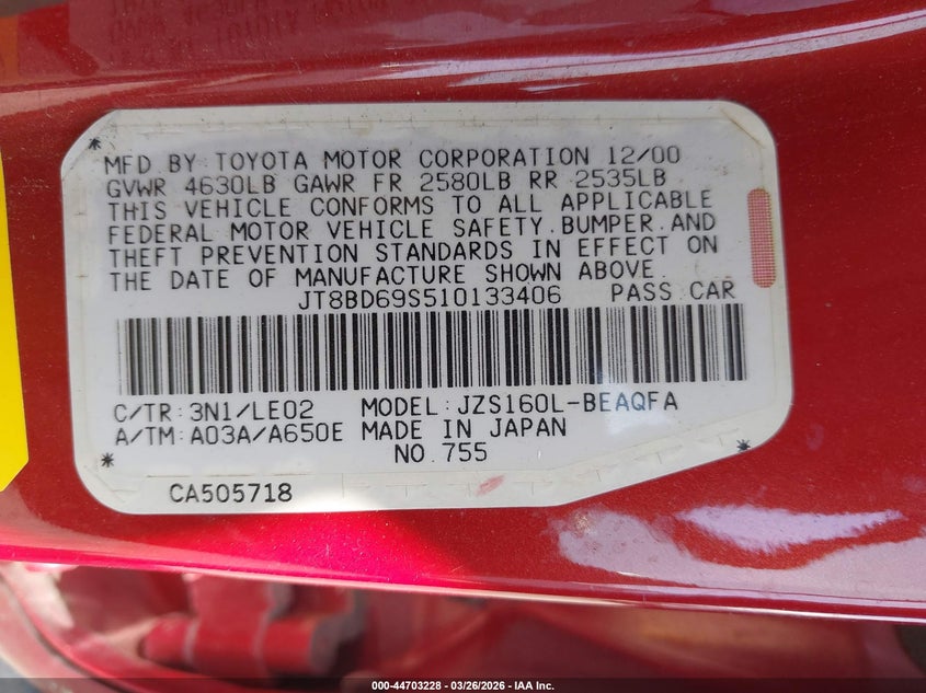 2001 Lexus Gs 300 VIN: JT8BD69S510133406 Lot: 44703228