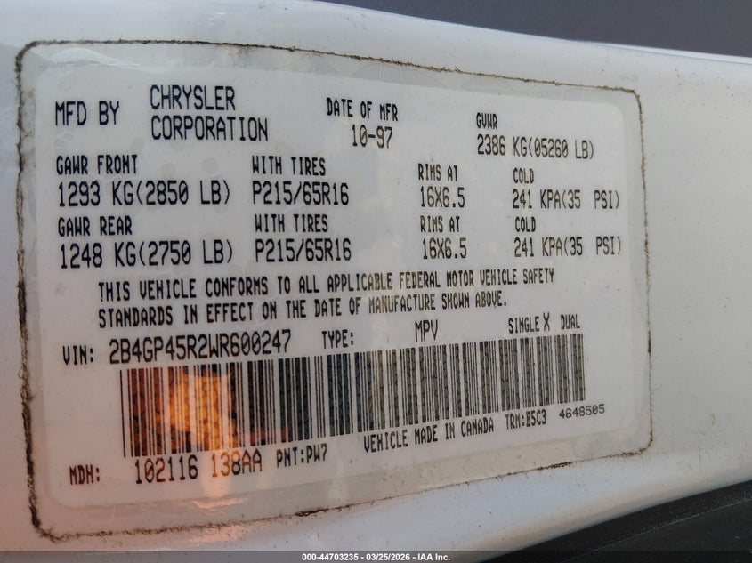 1998 Dodge Caravan Se VIN: 2B4GP45R2WR600247 Lot: 44703235