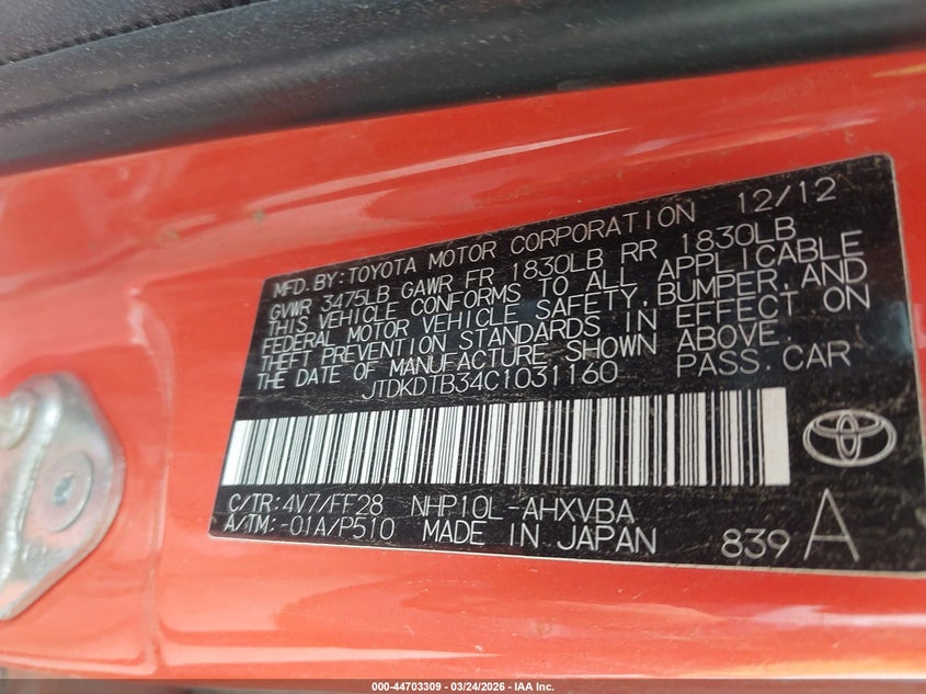 2012 Toyota Prius C Two VIN: JTDKDTB34C1031160 Lot: 44703309