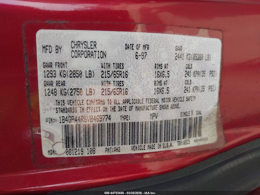 1997 Dodge Grand Caravan Se VIN: 1B4GP44R6VB469774 Lot: 44703456