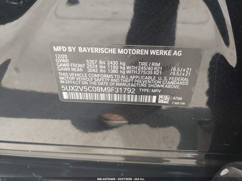 2021 BMW X4 M40I VIN: 5UX2V5C08M9F31792 Lot: 44703485