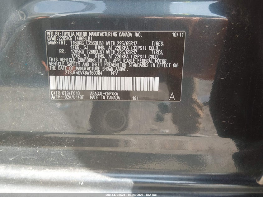 2011 Toyota Rav4 VIN: 2T3JF4DVXBW160384 Lot: 44703524