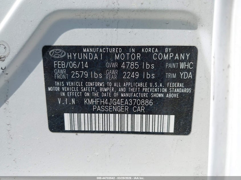 2014 Hyundai Azera Limited VIN: KMHFH4JG4EA370886 Lot: 44703542