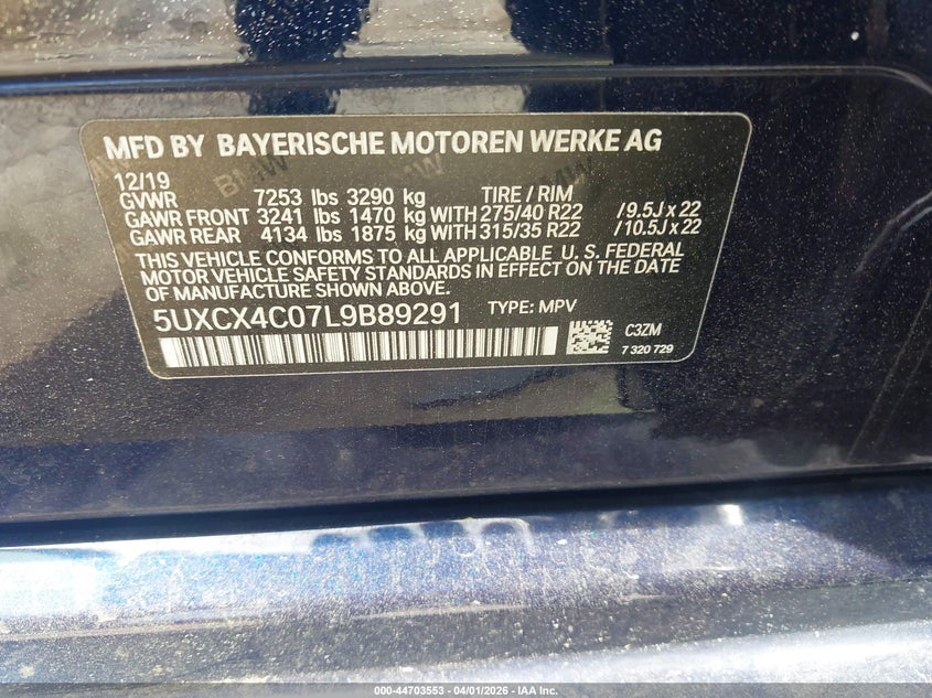 2020 BMW X7 xDrive50I VIN: 5UXCX4C07L9B89291 Lot: 44703553