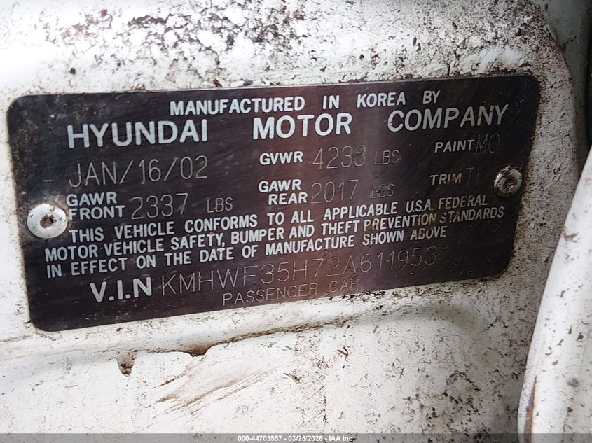 2002 Hyundai Sonata Gls/Lx VIN: KMHWF35H72A611953 Lot: 44703557