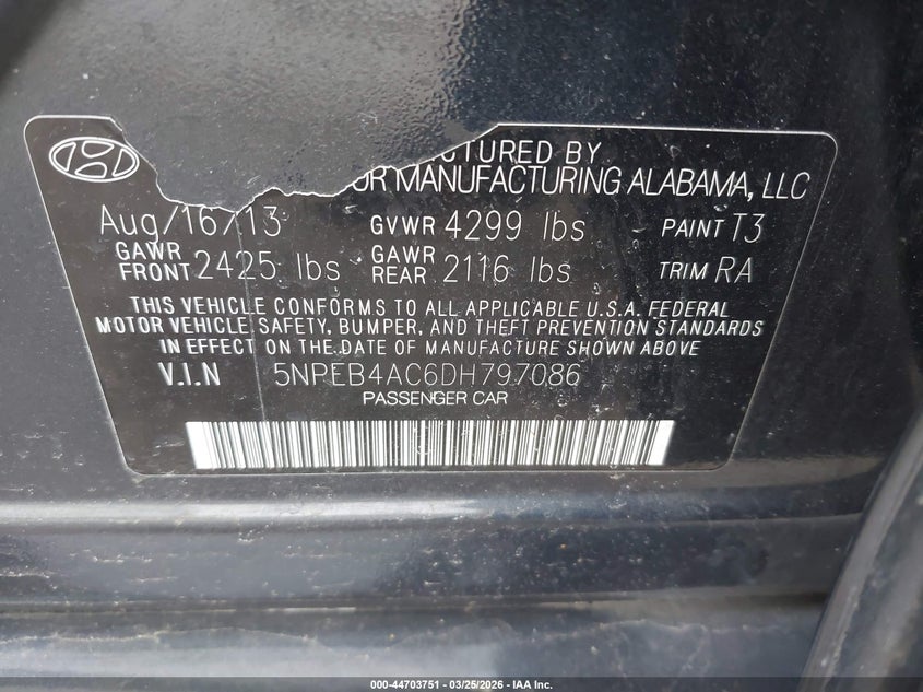 2013 Hyundai Sonata Gls VIN: 5NPEB4AC6DH797086 Lot: 44703751