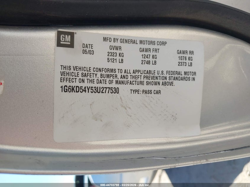 2003 Cadillac Deville Standard VIN: 1G6KD54Y53U277530 Lot: 44703798