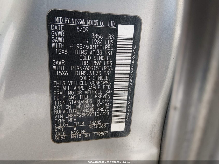 2009 Nissan Cube 1.8S VIN: JN8AZ28R29T127728 Lot: 44703802