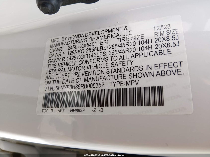 2024 Honda Passport Awd Black VIN: 5FNYF8H89RB005352 Lot: 44703837