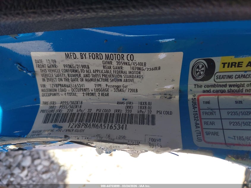 2010 Ford Mustang V6/V6 Premium VIN: 1ZVBP8AN6A5165341 Lot: 44703899