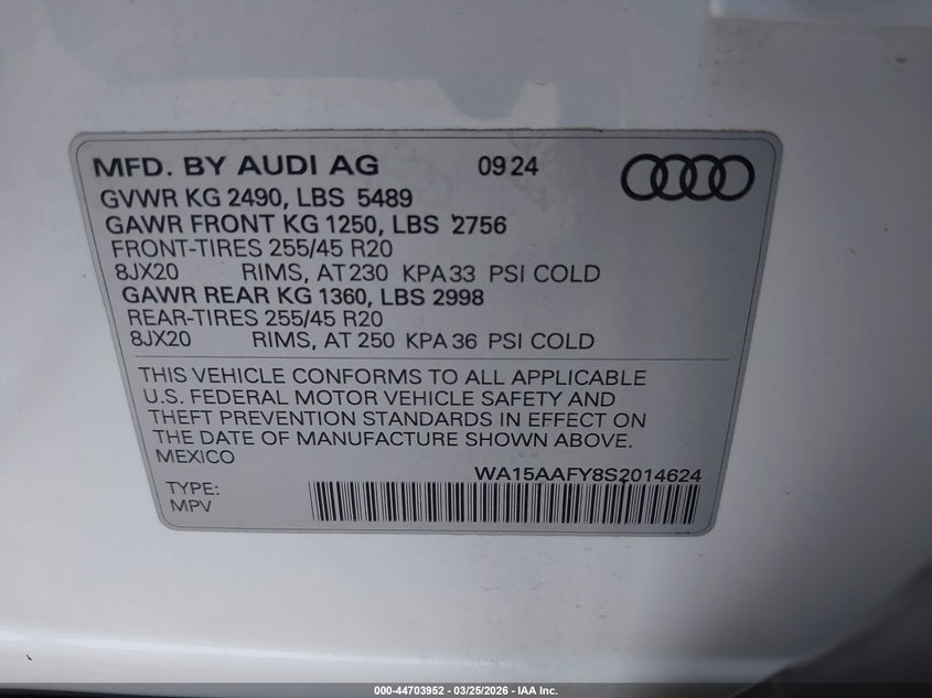 2025 Audi Q5 Sportback Premium Plus 45 Tfsi S Line Quattro S Tronic VIN: WA15AAFY8S2014624 Lot: 44703952