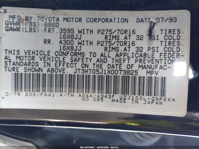 1999 Toyota Land Cruiser VIN: JT3HT05J1X0073825 Lot: 44703961