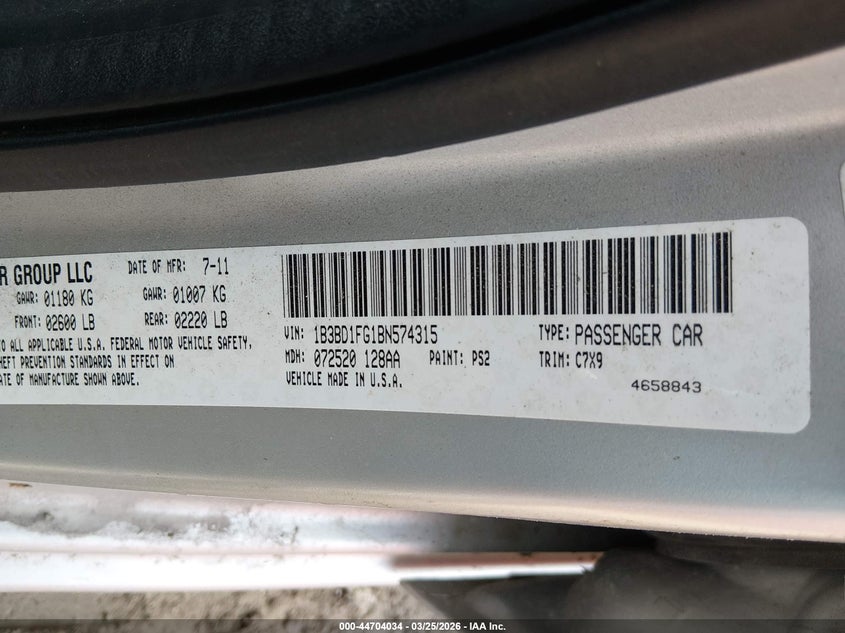 2011 Dodge Avenger Mainstreet VIN: 1B3BD1FG1BN574315 Lot: 44704034