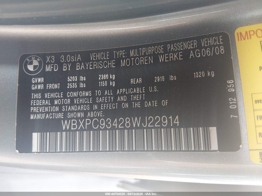 2008 BMW X3 3.0Si VIN: WBXPC93428WJ22914 Lot: 44704325