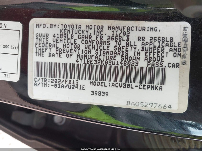 2003 Toyota Camry Le VIN: 4T1BE32K03U148023 Lot: 44704415