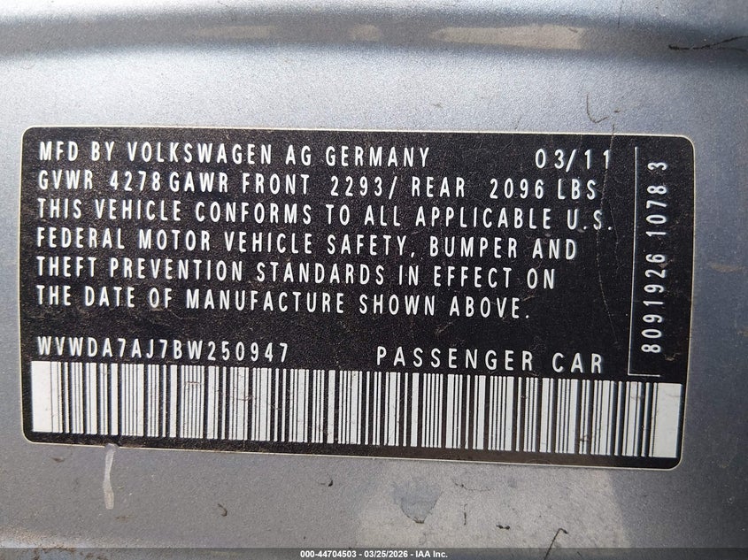 2011 Volkswagen Golf 2.5L 4-Door VIN: WVWDA7AJ7BW250947 Lot: 44704503