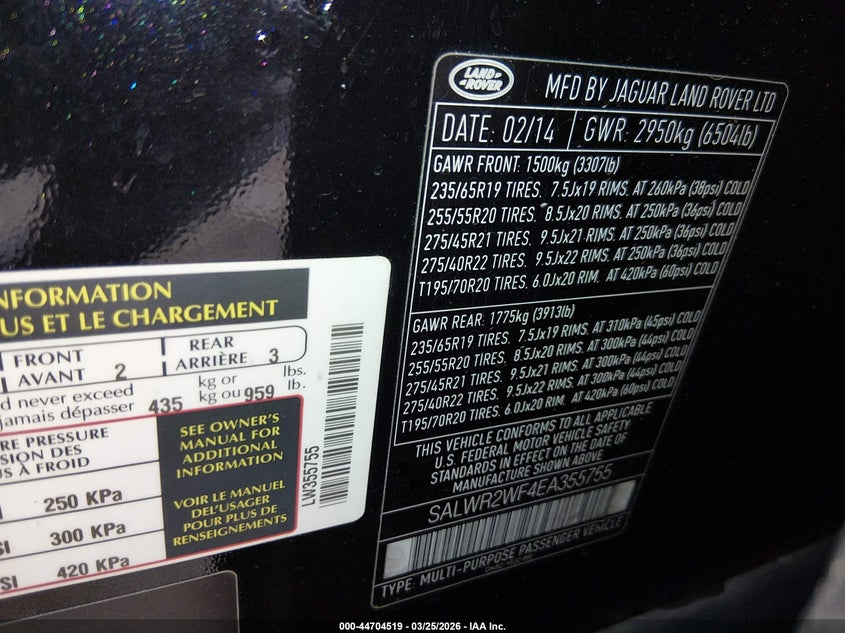 2014 Land Rover Range Rover Sport 3.0L V6 Supercharged Hse VIN: SALWR2WF4EA355755 Lot: 44704519