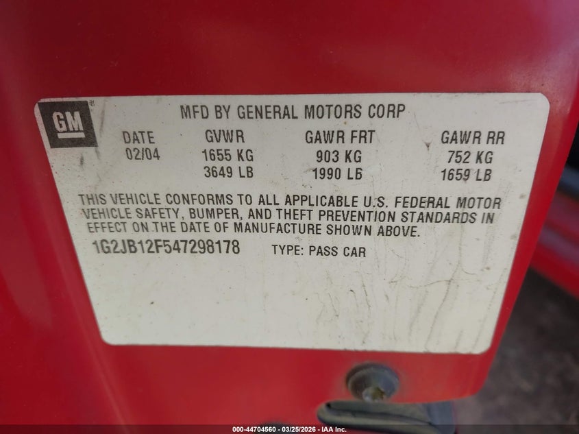 2004 Pontiac Sunfire VIN: 1G2JB12F547298178 Lot: 44704560