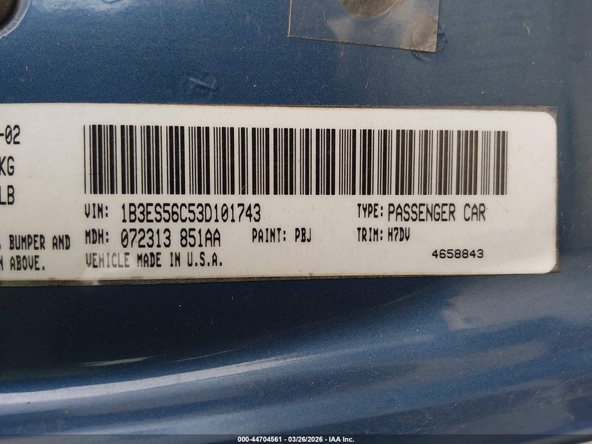 2003 Dodge Neon Sxt VIN: 1B3ES56C53D101743 Lot: 44704561