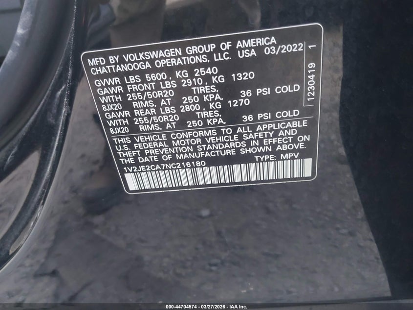 2022 Volkswagen Atlas Cross Sport 3.6L V6 Se W/Technology VIN: 1V2JE2CA7NC216180 Lot: 44704574