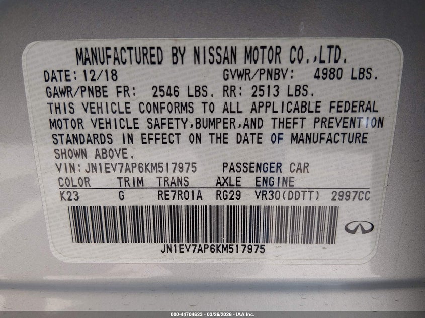 2019 Infiniti Q50 3.0T Luxe VIN: JN1EV7AP6KM517975 Lot: 44704623